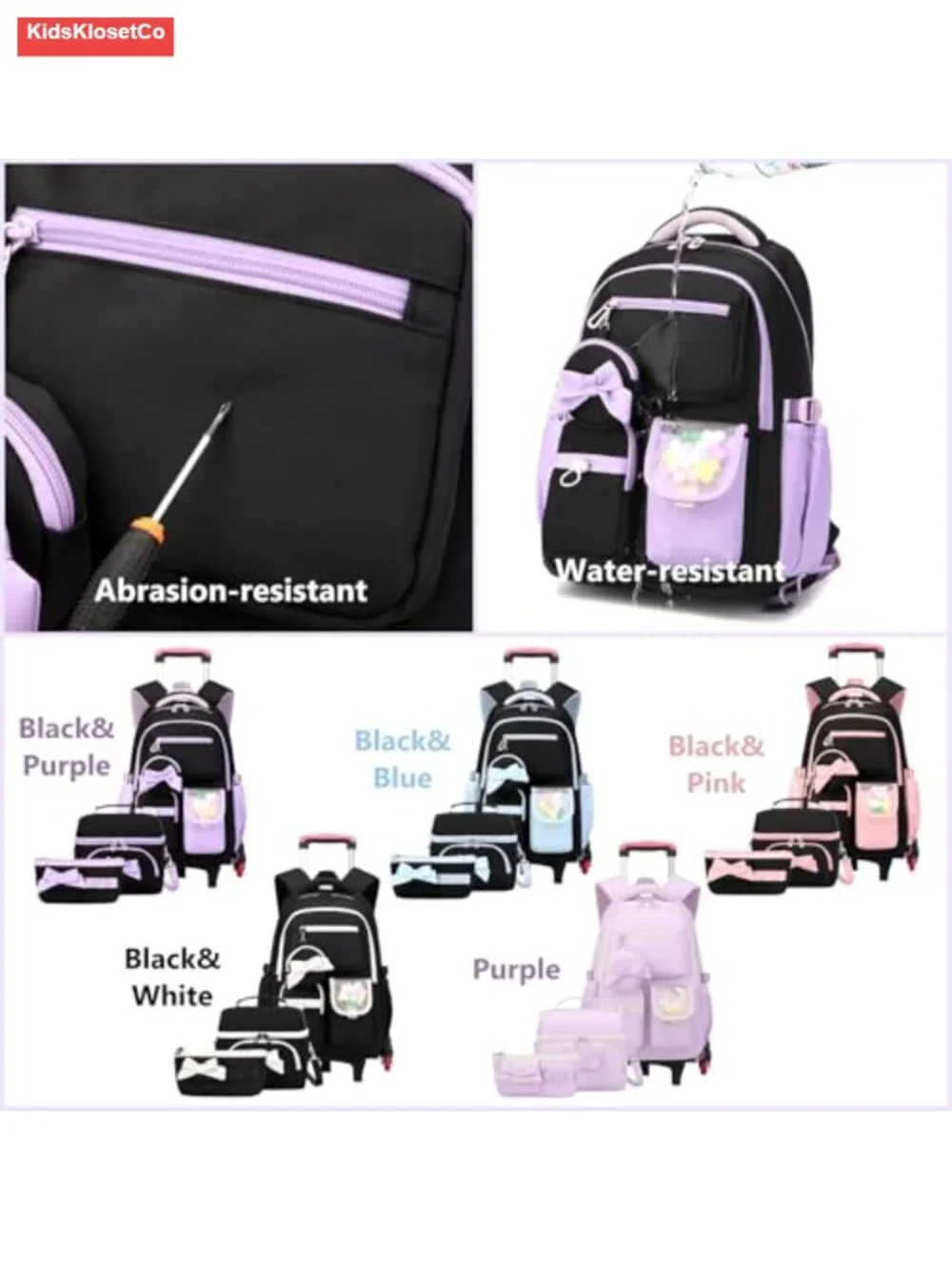 Girls Rolling Backpack with Wheels, Waterproof Nylon Wheeled School Bag with